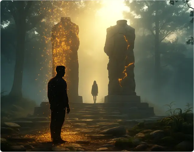 Figura ante monolitos en un bosque, imagen vigente de Disolución del Ego
