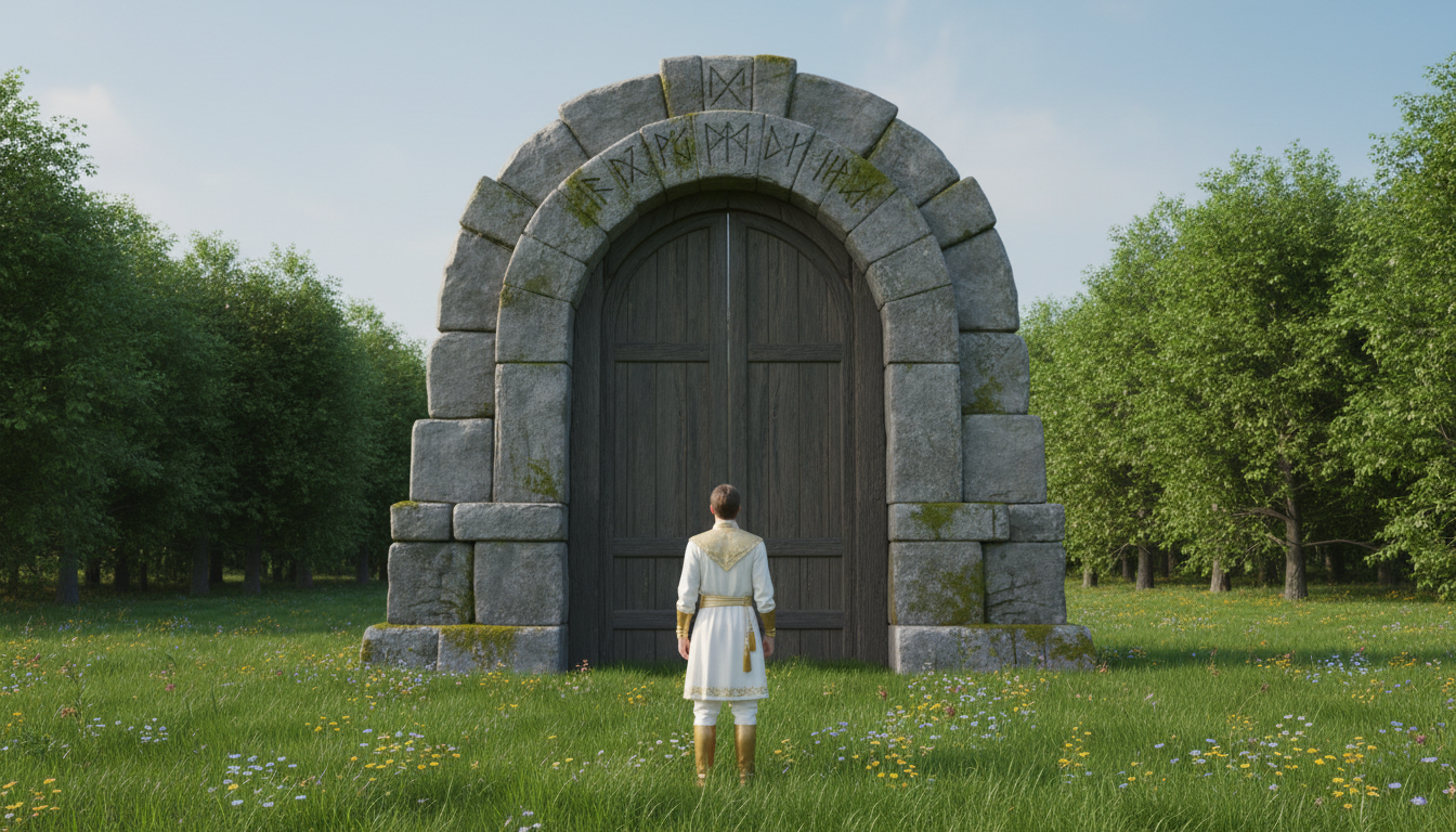 Figura ante un gran portal de piedra, imagen de School